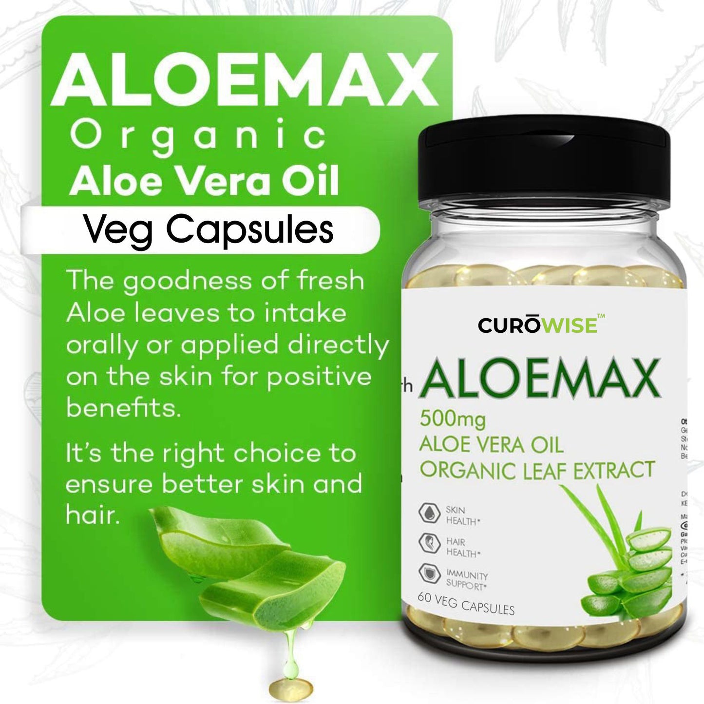 CUROWISE -ALOEMAX Aloe Vere Oil Gel Capsules 500 mg Natural & Herbal Beauty Skin moisturizing Health Supplement Promotes Hair Growth and supports Healthy Natural Body Immunity- 60 Softgels