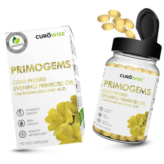 CUROWISE Primogems Evening Primrose Oil Capsules, 500mg | Cold Pressed Softgels for Women’s Health and Skin | Menopause and PMS Relief | 10% GLA Wellness, Immunity Booster Supplement - 90 Capsules