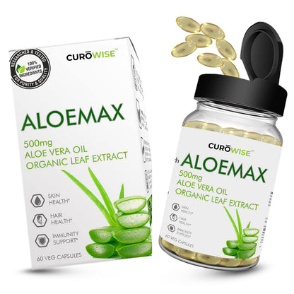 CUROWISE -ALOEMAX Aloe Vere Oil Gel Capsules 500 mg Natural & Herbal Beauty Skin moisturizing Health Supplement Promotes Hair Growth and supports Healthy Natural Body Immunity- 60 Softgels